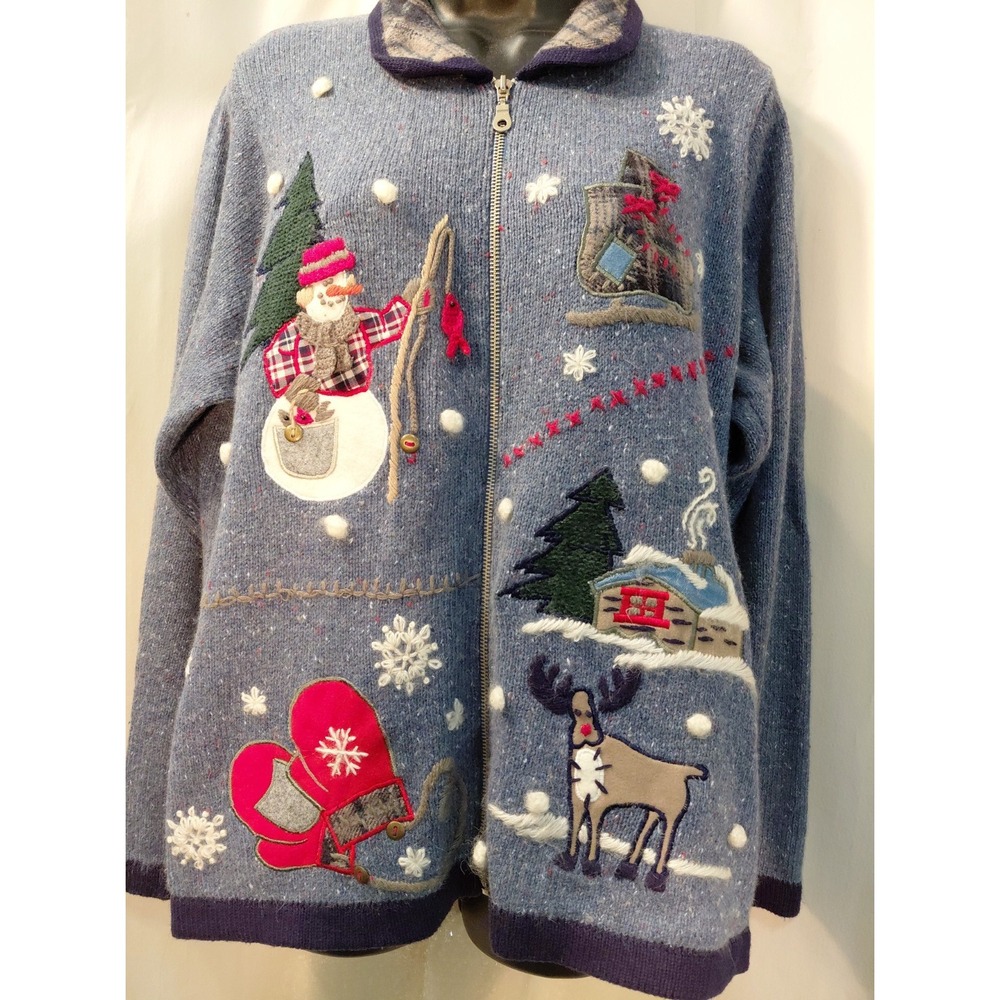 VTG New Victoria Jones Blue Embellished Embroidered Christmas Sweater Full Zip